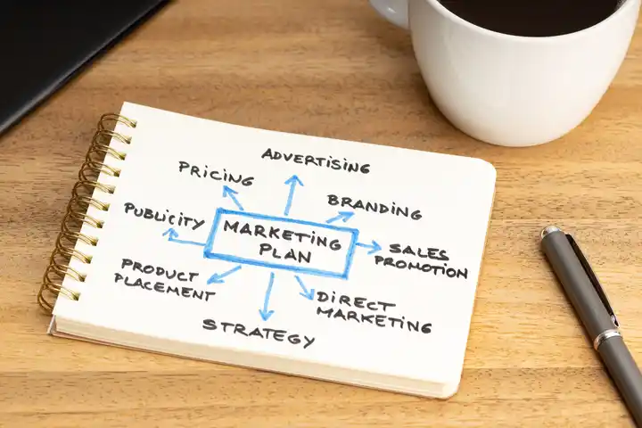 Social media marketing plan notebook with various strategies for how to do Advertising on social media marketing platforms.