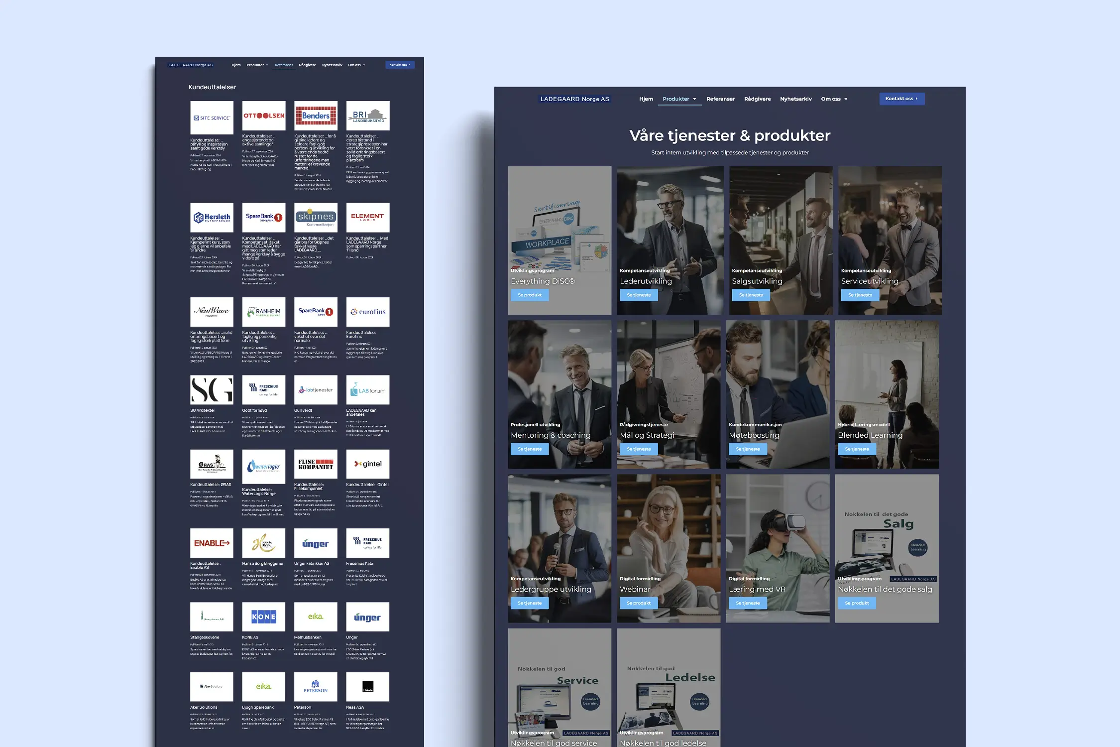 Key features of the new website designed for Ladegaard Norge, highlighting services, testimonials, and client logos.